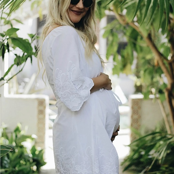 Isabel Maternity (Size XL) White Floral Embroidery, Lined, Bell Sleeve Dress - Picture 2 of 11